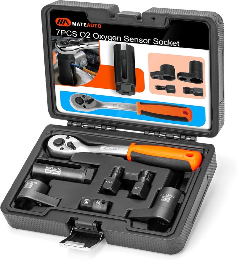 MateAuto 7PCS Oxygen Sensor Socket Set, O2 Sensor Socket and Thread Chaser Set w/Quick Release Ratchet, 3/8" & 1/2" Drive 7/8"(22mm) Oxygen Sensor Removal Tool Kit for Easy Repair - Image 1